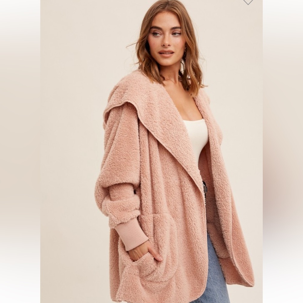 🆕Cardigan Oversized Hoodie Cozy Open With Pockets Mauve Pink OSFM - Picture 2 of 4